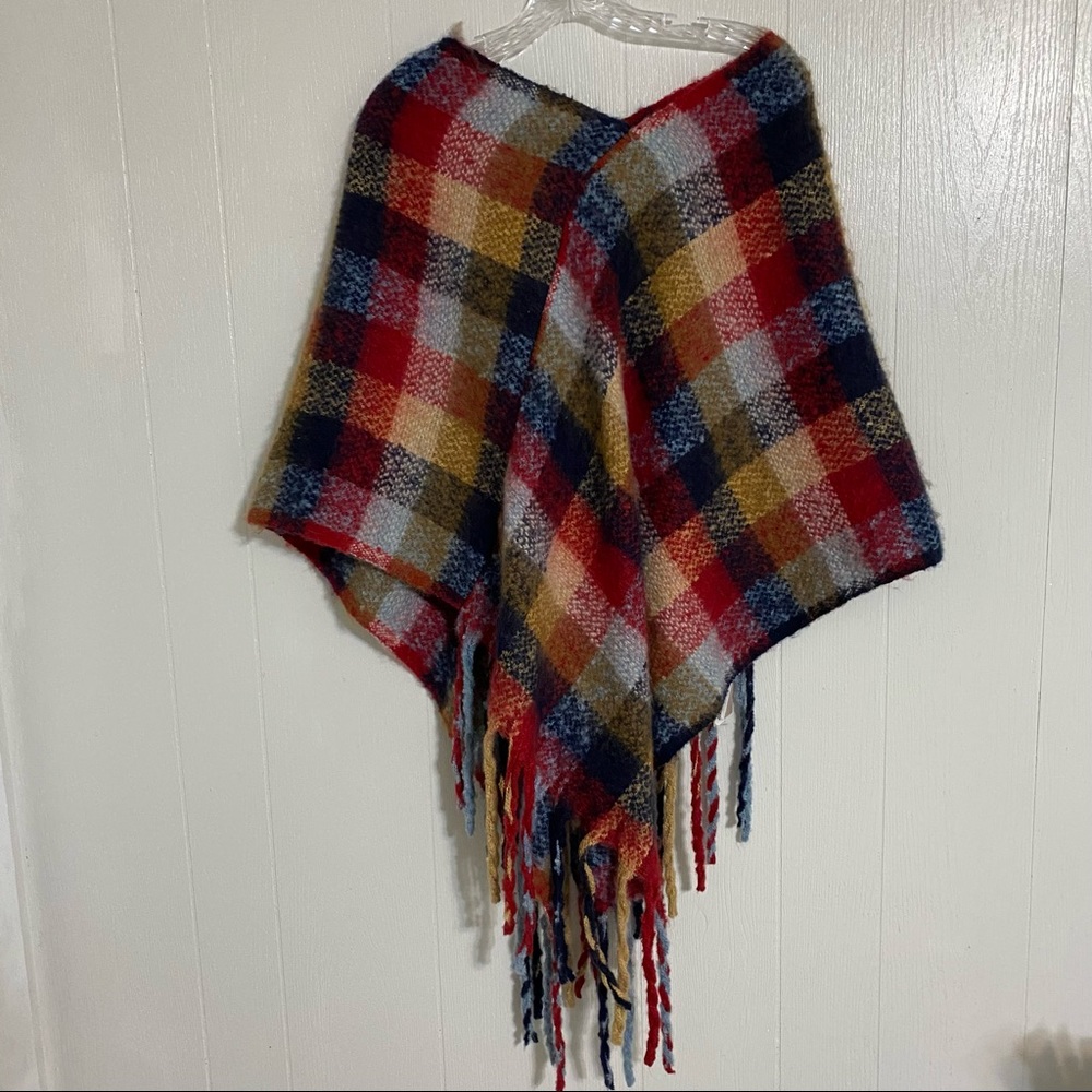 Styline Womens Blanket Scarf Shawl Poncho Multicolored Red Navy with Fringe